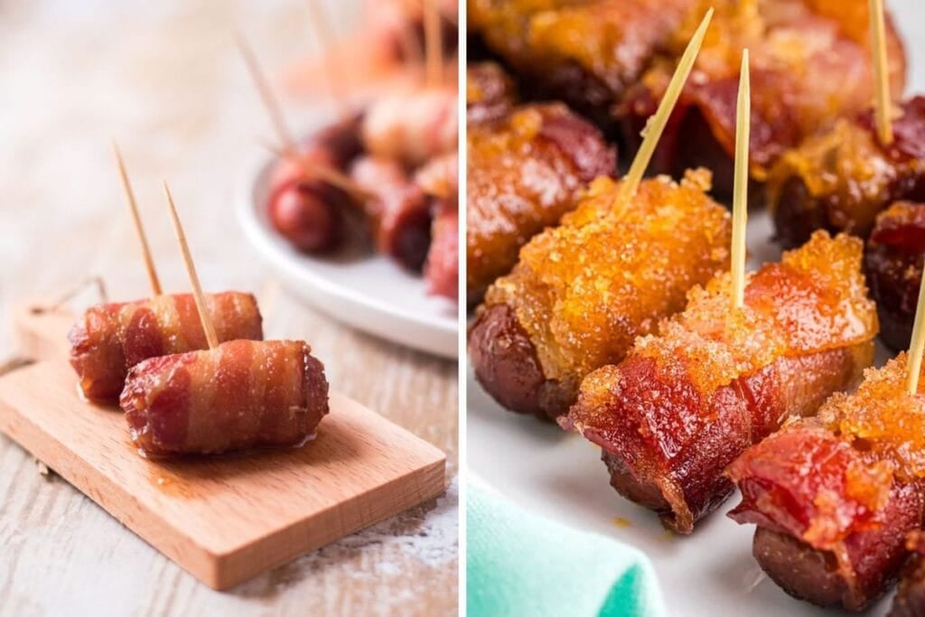 Bacon-wrapped sausages on a wooden board and a plate, held together with toothpicks.