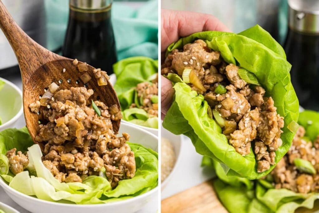 Chicken lettuce wraps being filled with a wooden spoon and one being held.
