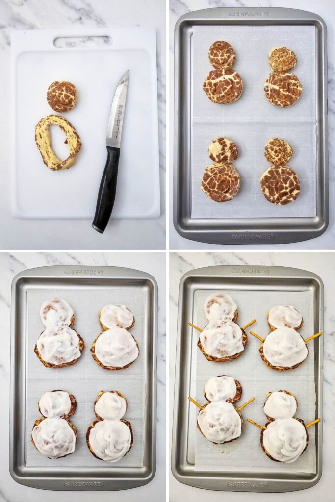 Process shots collage of snowman cinnamon rolls.