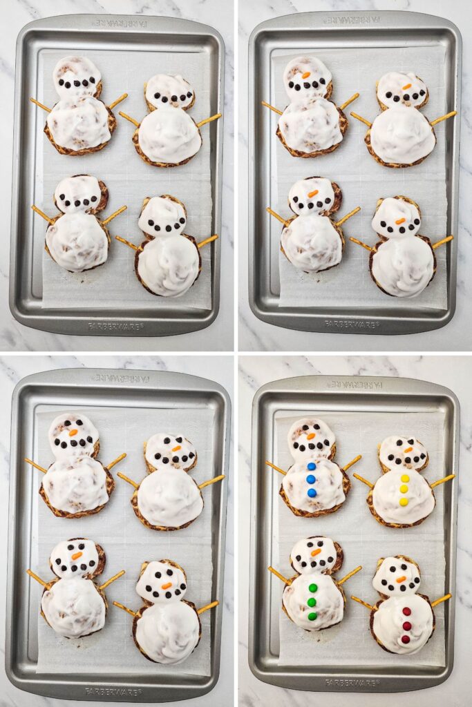 Process shots collage of snowman cinnamon rolls.