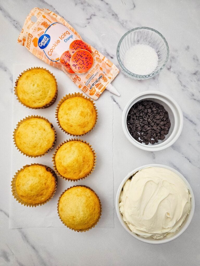 Ingredients for snowman cupcakes.