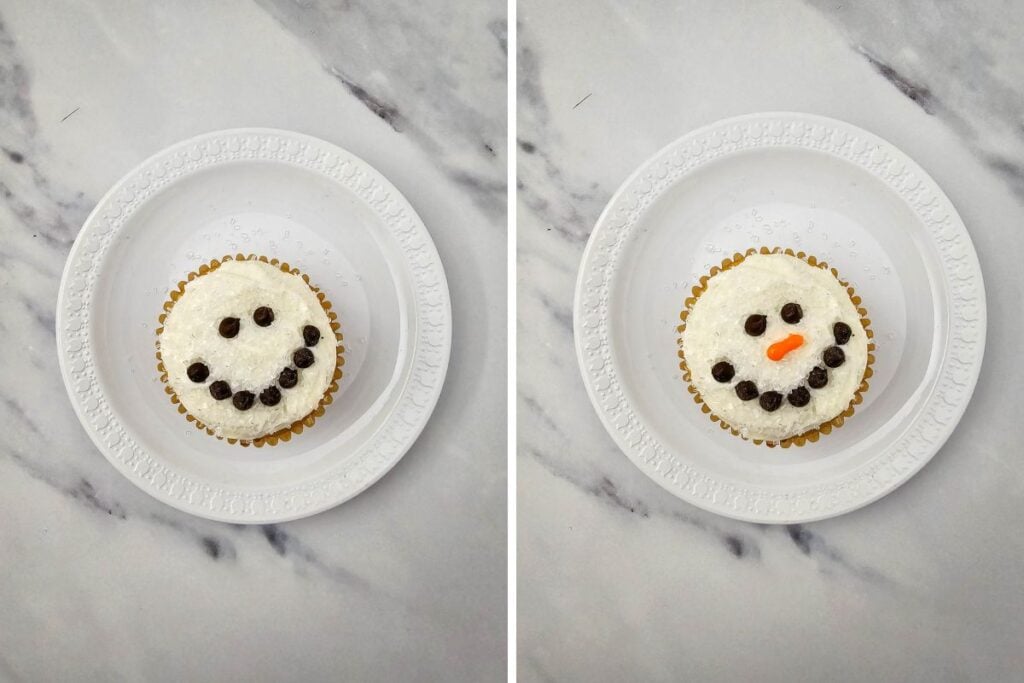 Snowman cupcakes process shots collage.