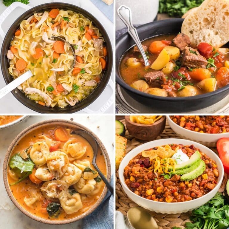 Soup, stew and chili recipes collage.