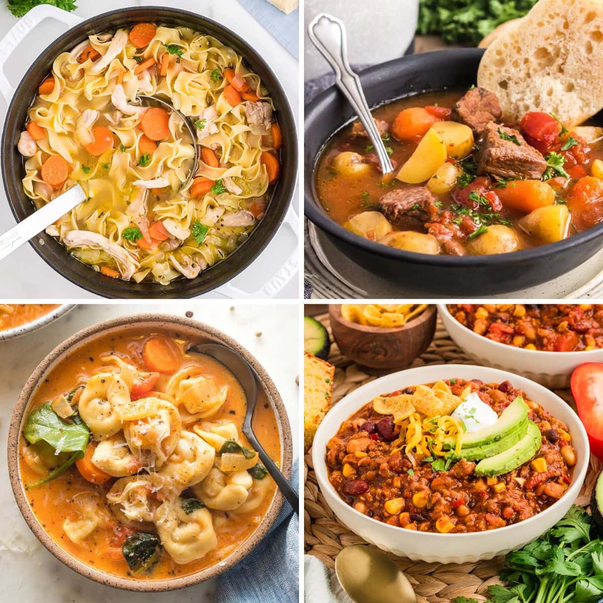 Soup, stew and chili recipes collage.