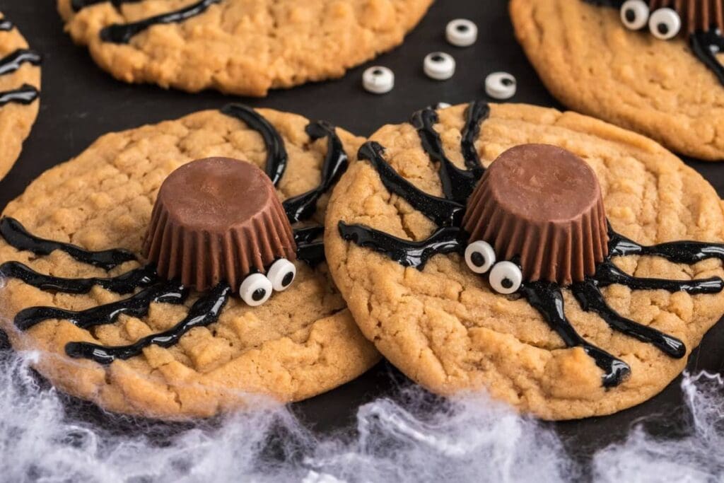 A close up shot of spider cookies.