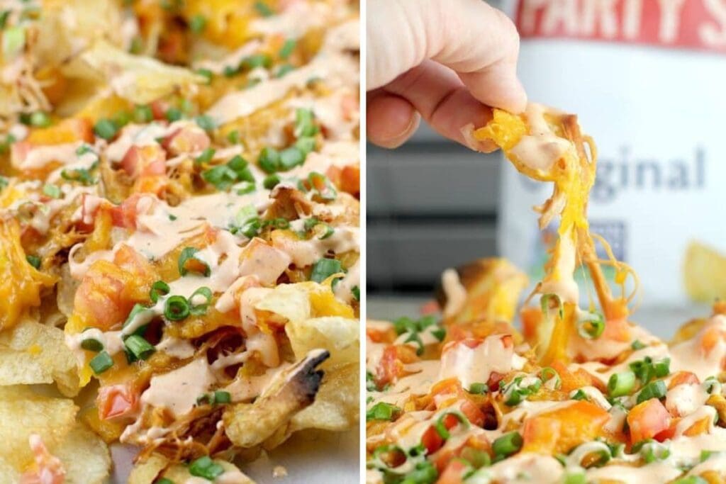 Kettle chips topped with chicken, tomatoes, cheese, sriracha sauce, and green onions.