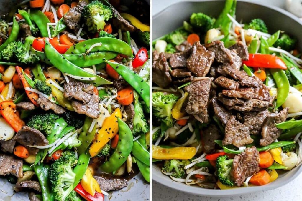 Two close-up images of beef steak stir fry with colorful vegetables in a gray bowl.