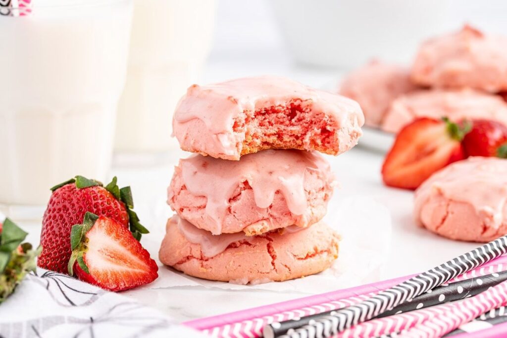 A close up shot of strawberry cookies.