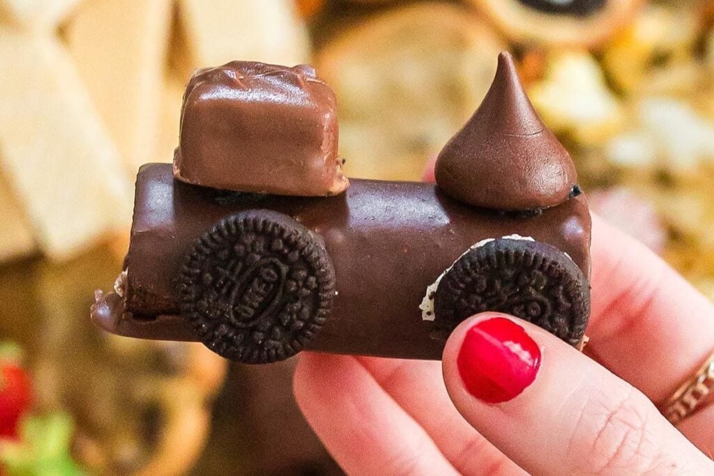 A close up shot of swiss roll train.