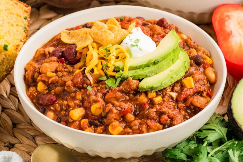 A close up shot of turkey chili.