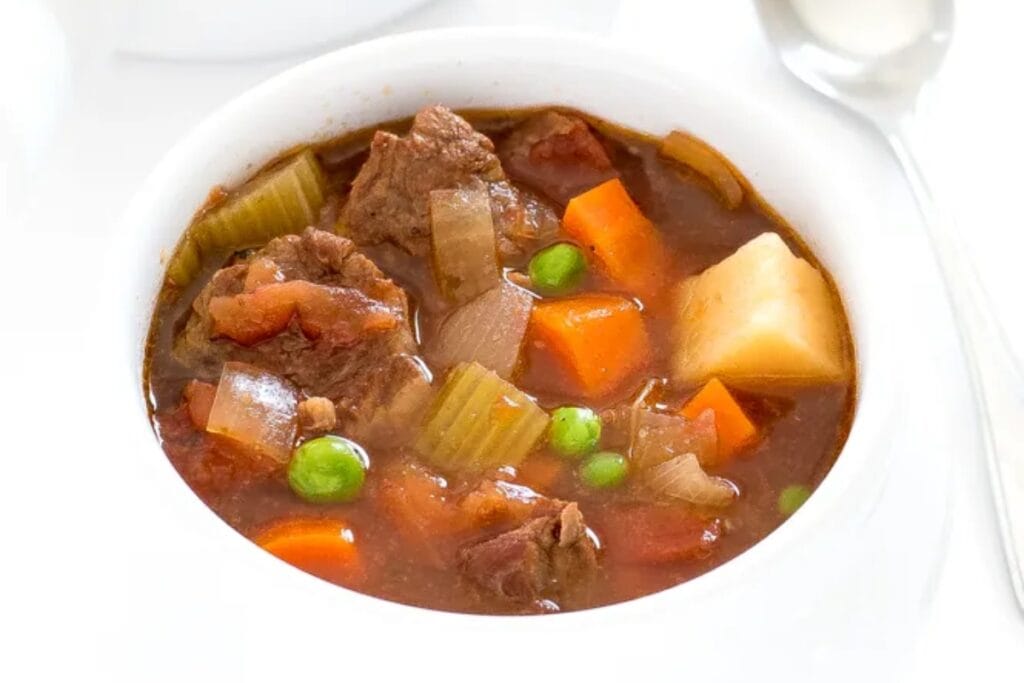 Split image: Beef stew in a bowl and being scooped from a pot.