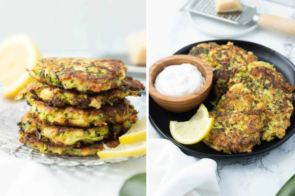 Two images: zucchini fritters stacked with lemon and served with dipping sauce.