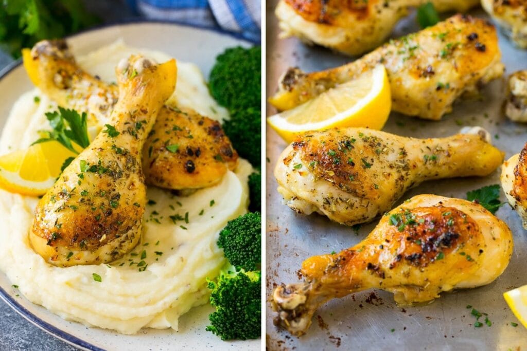 Baked chicken drumsticks seasoned with herbs and served with lemon slices.