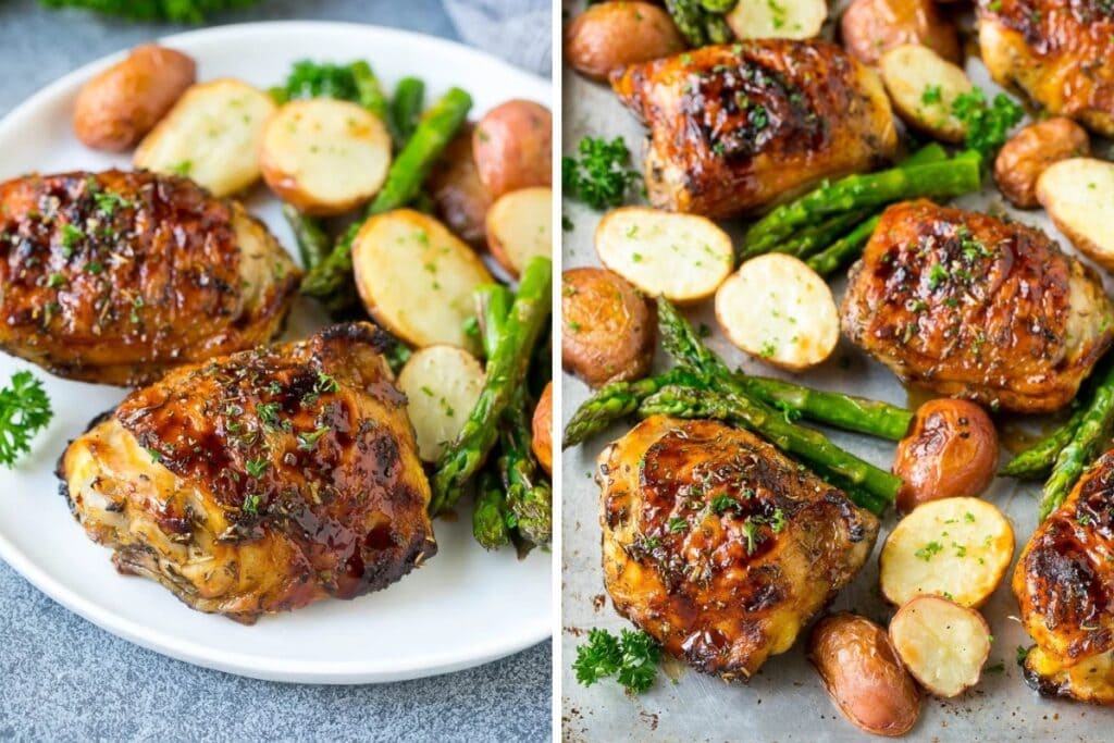 Balsamic chicken with roasted potatoes and asparagus on a plate.