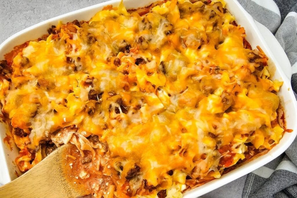 Beef noddle casserole in white dish.