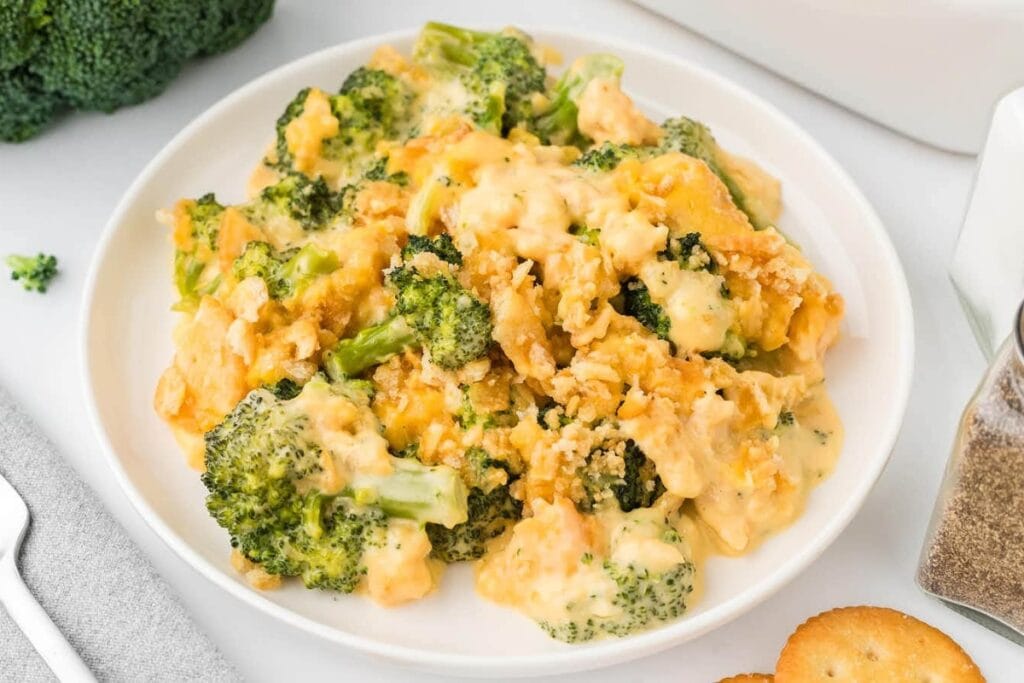 Broccoli casserole served on a plate.