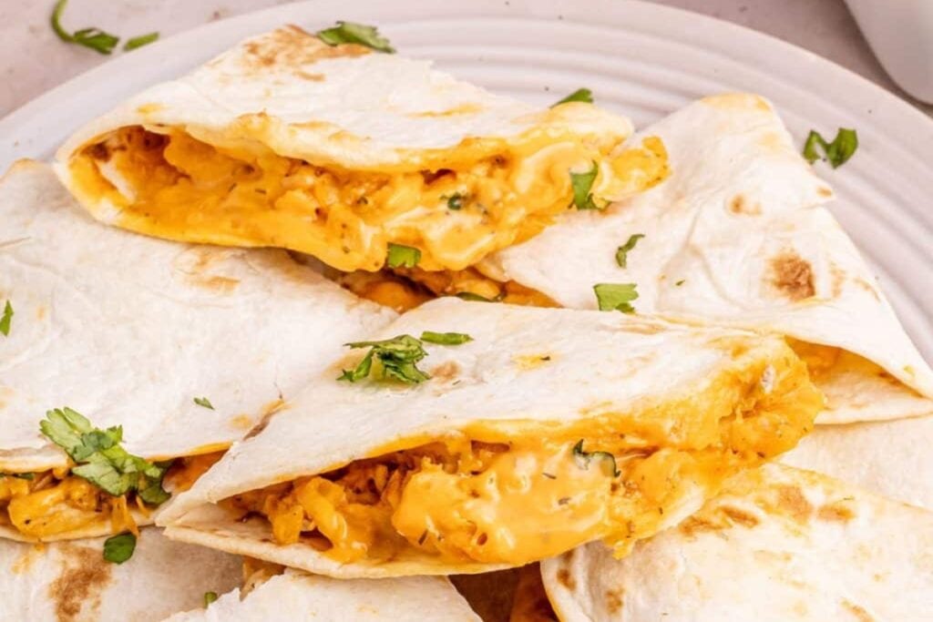 Buffalo chicken quesadillas on a plate.