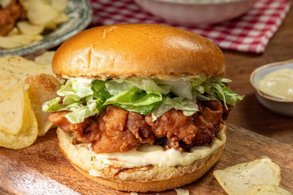 Buttermilk crispy chicken sandwich on a wooden board.