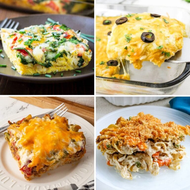 Collage of comforting casseroles for dinner that families love and rate five stars.