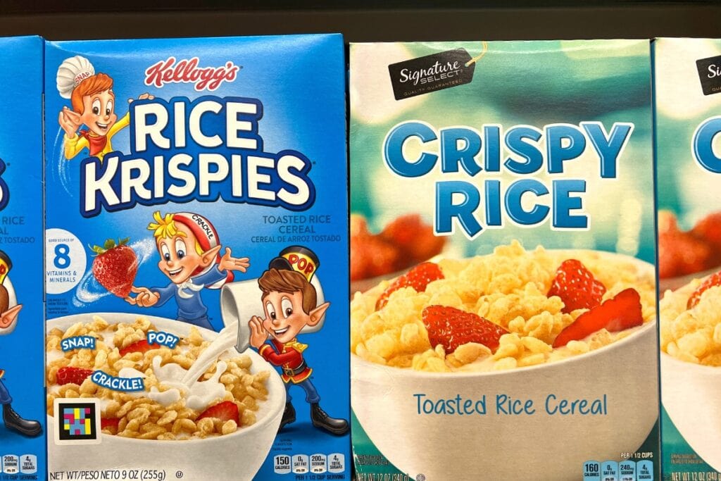 Cereal boxes on shelves.
