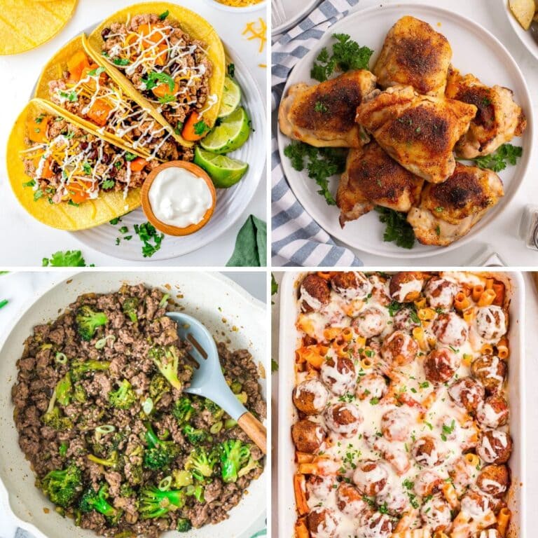 Collage of cheap dinner ideas for a family on a budget.