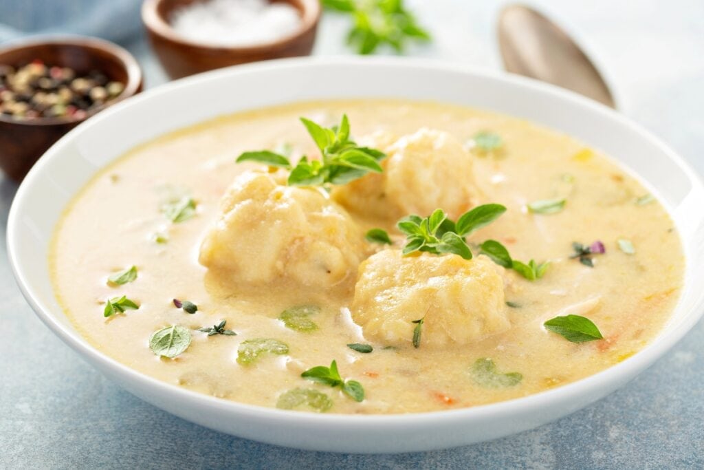 Chicken and dumplings in a bowl.