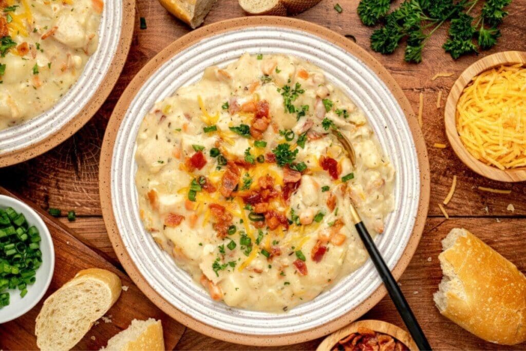 Chicken and potato soup in a bowl.