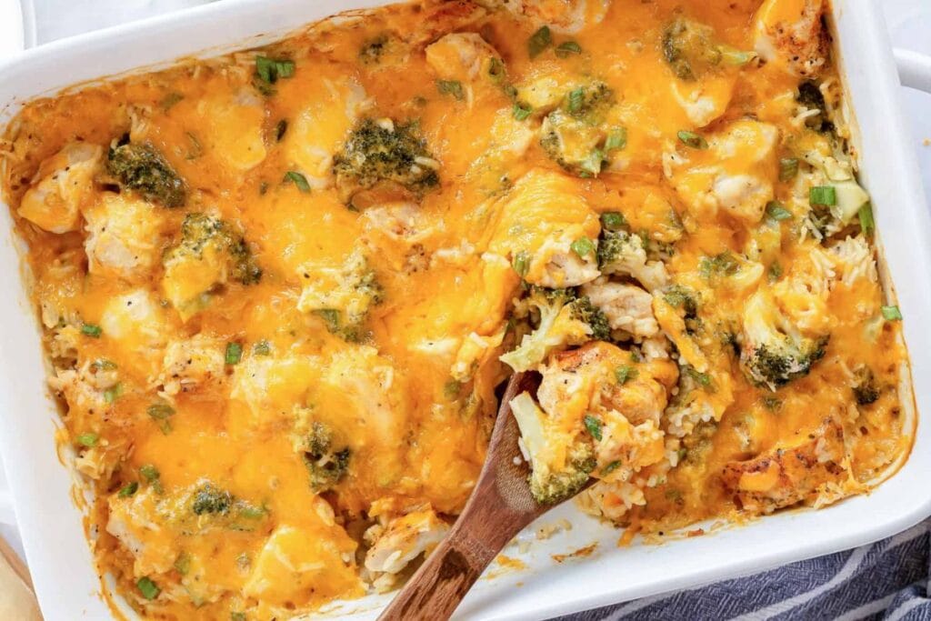 Chicken broccoli casserole in white dish