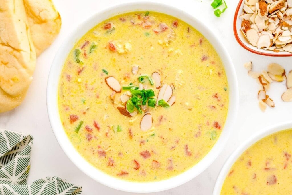 Chicken curry soup in a bowl.