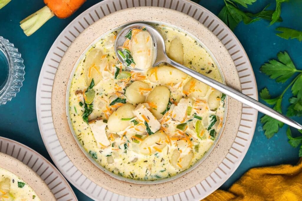 Chicken gnocchi soup in a bowl.