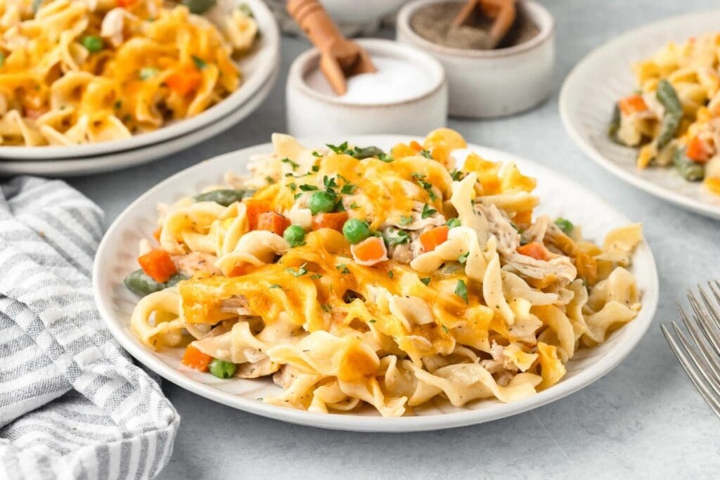 Chicken noodle casserole on a plate.