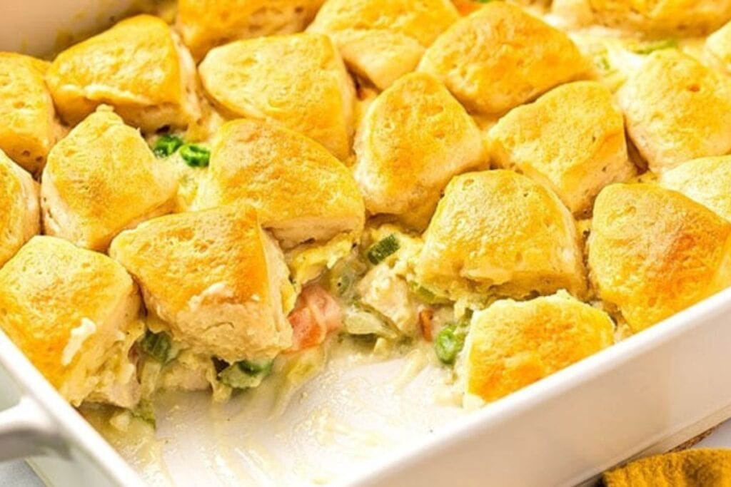 Chicken pot pie casserole in a baking dish.