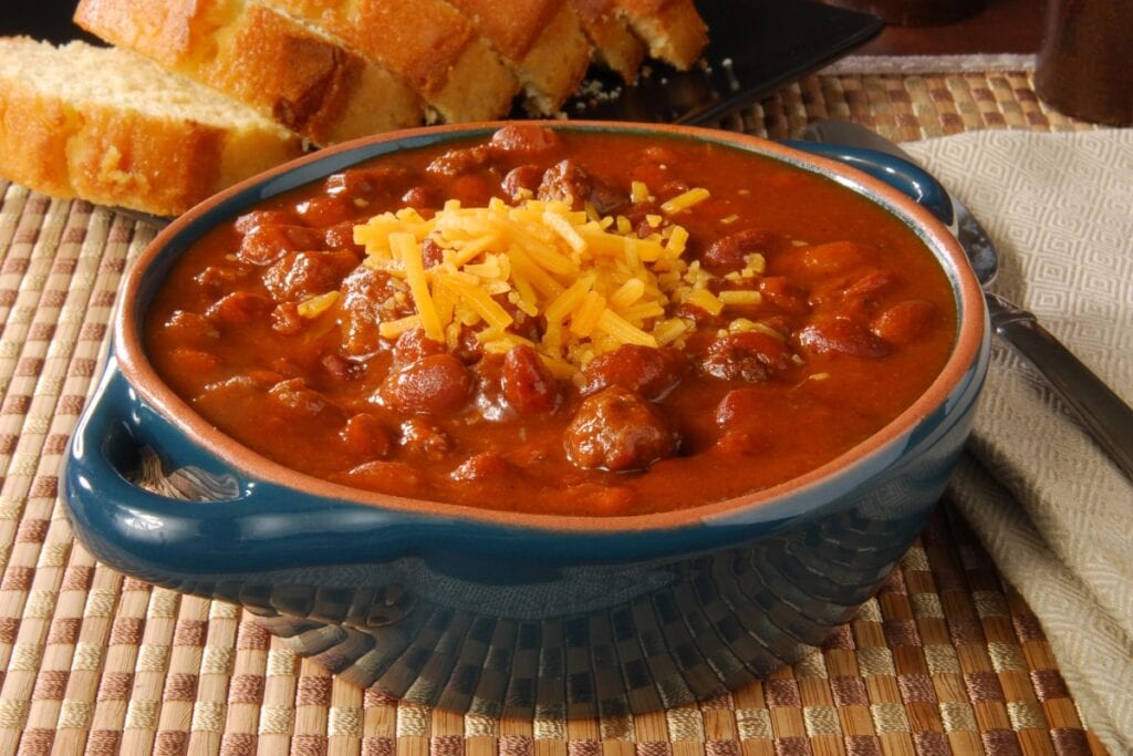 Bowl of chili with beans and ground beef.