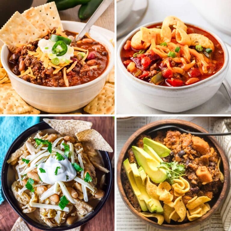 Collage of various chili recipes in bowls.