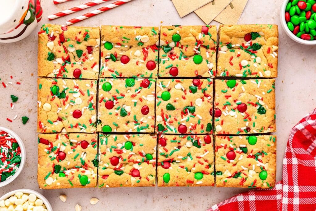 Cookie bars with sprinkles and m and ms