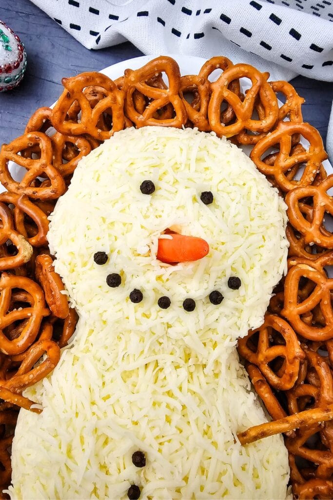 A close up shot of snowman cheeseball.