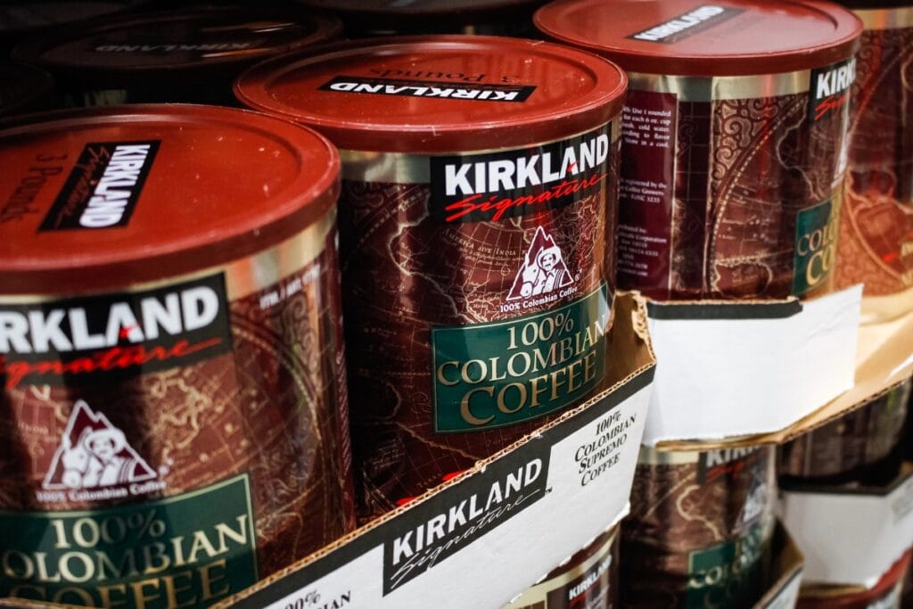 Kirkland coffee on a store shelf.
