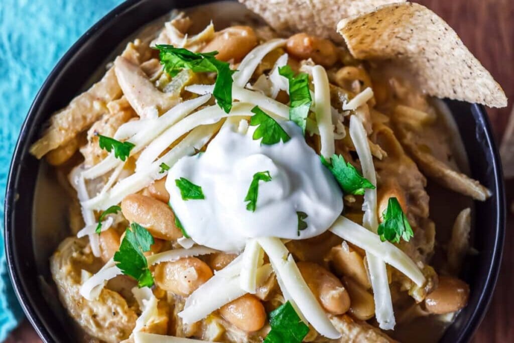 Close-up of Slow Cooker White Chicken Chili in a bowl.