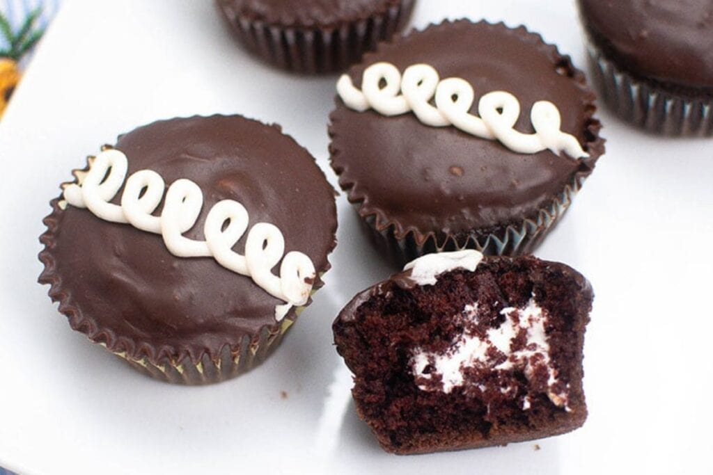 Copycat Hostess cupcakes on a plate.