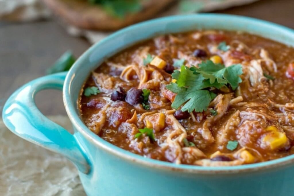 Close-up of crockpot barbecue chicken quinoa chili in a handled bowl.