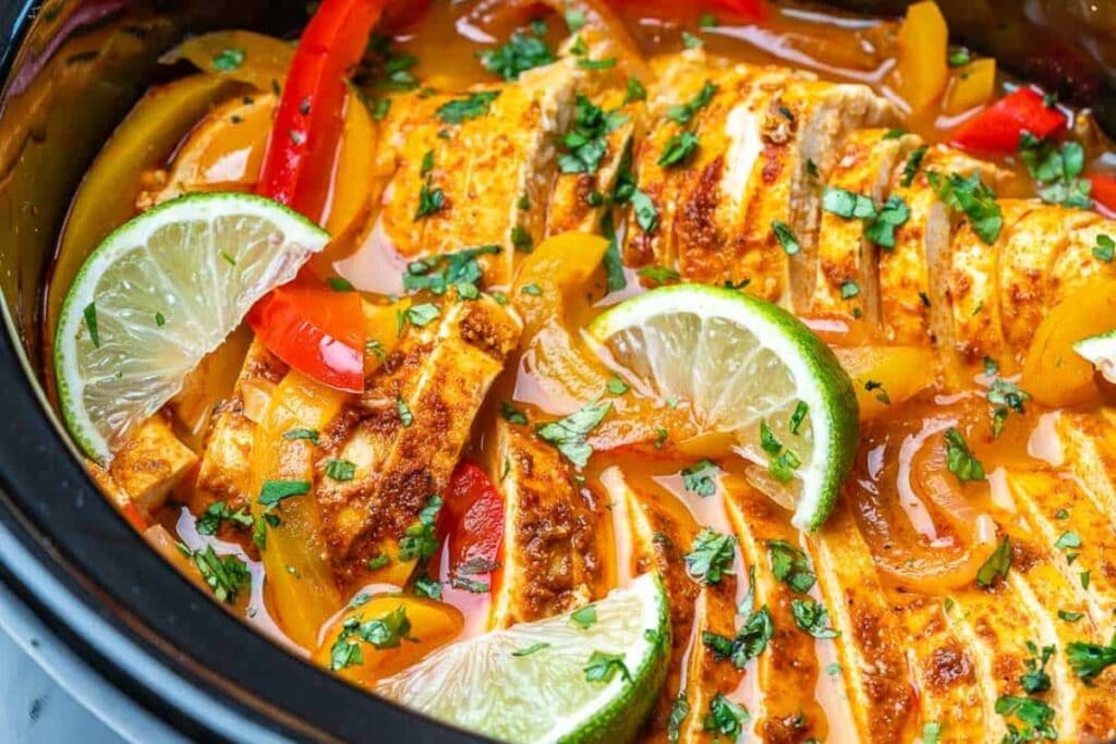 Chicken fajitas in a crockpot.