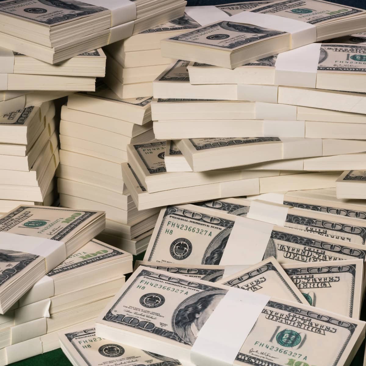 Stacks of one million US dollars in hundred-dollar banknotes.
