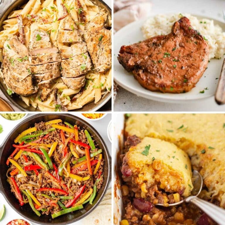 Four dinner images: chicken pasta, pork chop, fajitas, and cornbread casserole.