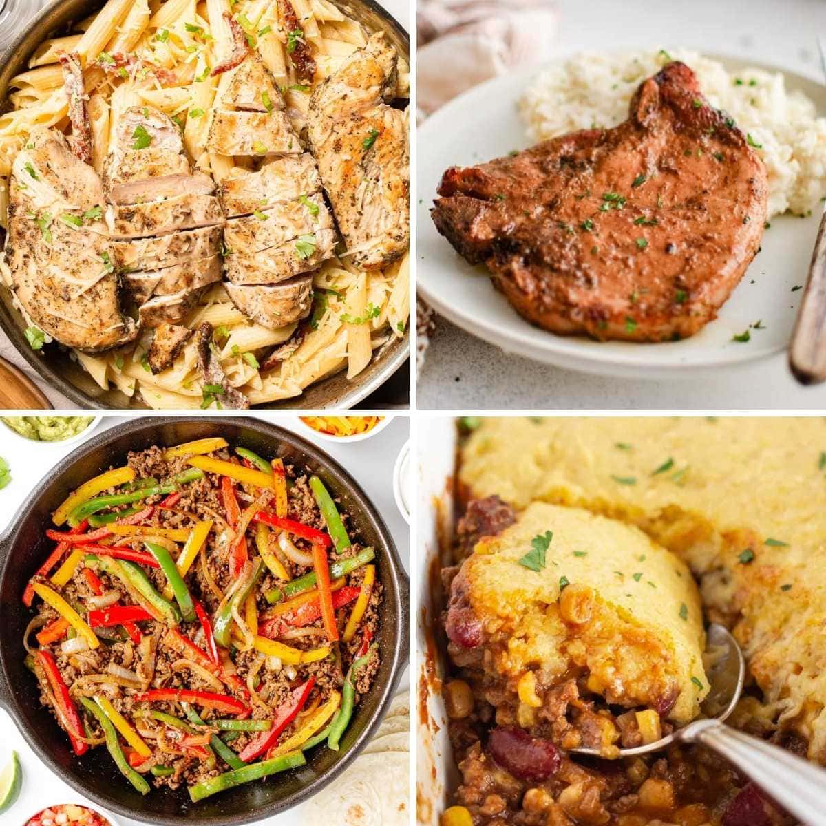 Four dinner images: chicken pasta, pork chop, fajitas, and cornbread casserole.