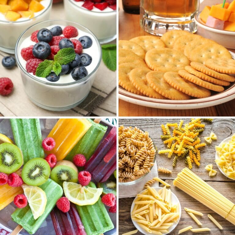 Collage showing foods to buy cheap.