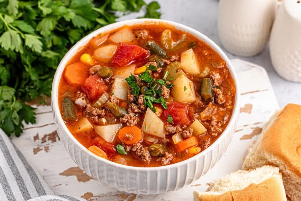 Hamburger soup in a bowl.