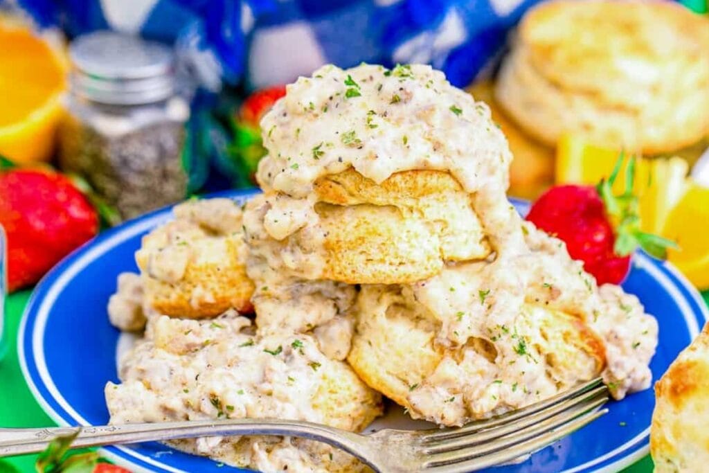 Homemade biscuits and gravy on a plate.