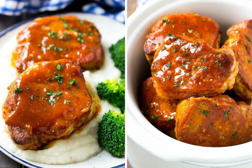 Honey garlic pork chops topped with garnish.