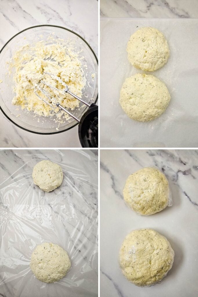 Process shots for snowman cheeseballs.