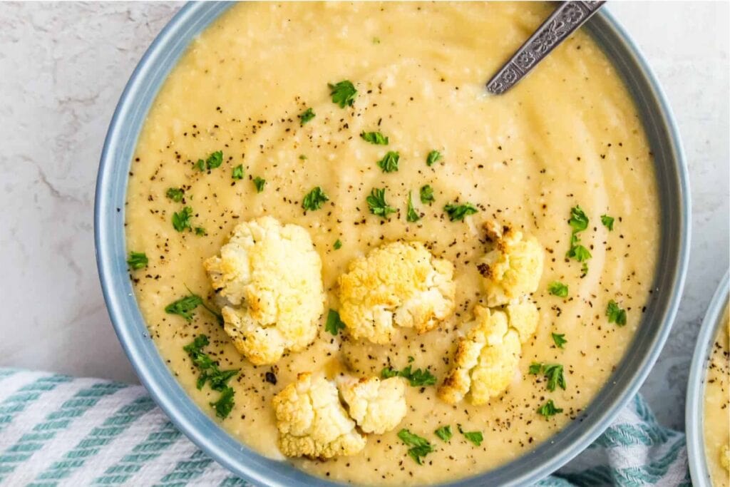 Instant Pot cauliflower soup in a bowl.